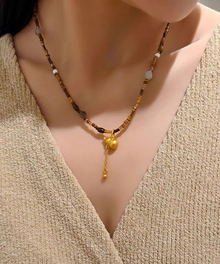 Chinese Style Brown Copper Overgild Calabash Beading Pendant Necklace