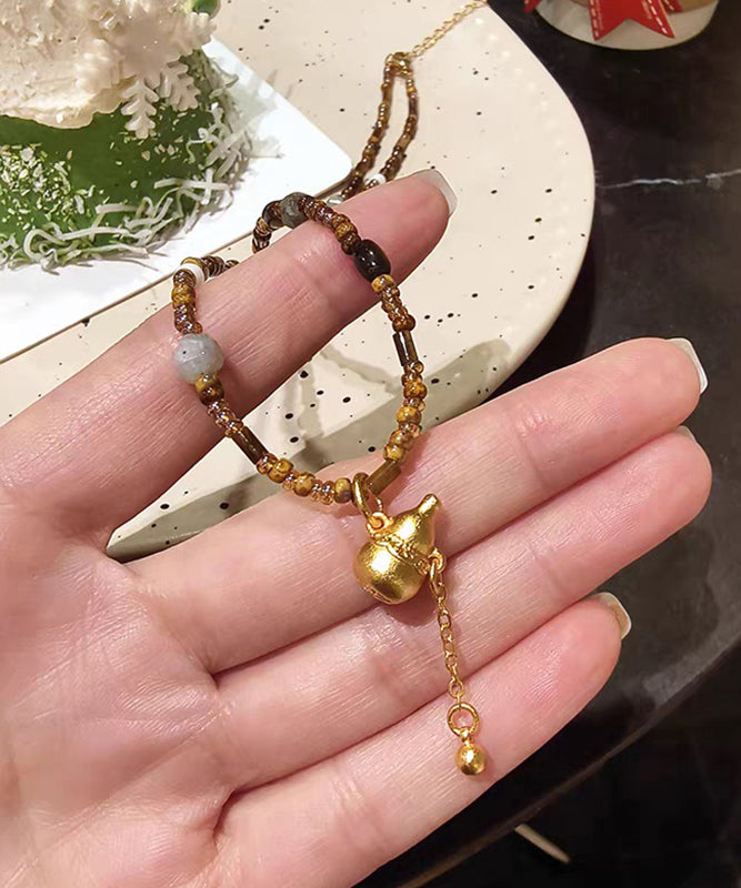 Chinese Style Brown Copper Overgild Calabash Beading Pendant Necklace