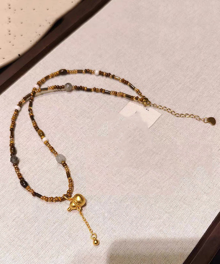 Chinese Style Brown Copper Overgild Calabash Beading Pendant Necklace