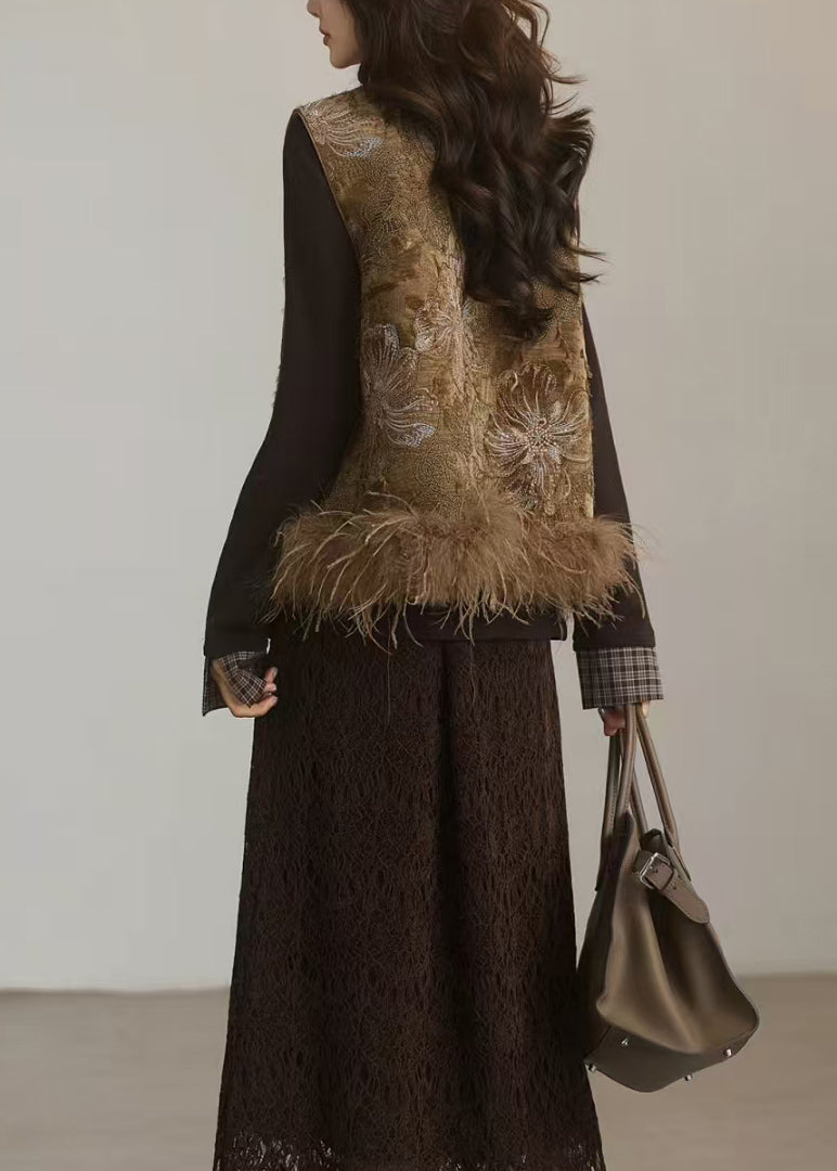 Chinese Style Brown Embroideried Fur Patchwork Cotton Vest Sleeveless