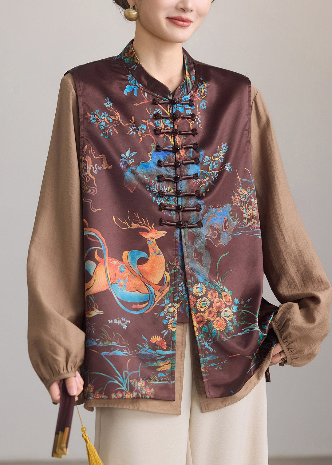 Chinese Style Brown Print Button Waistcoat Sleeveless