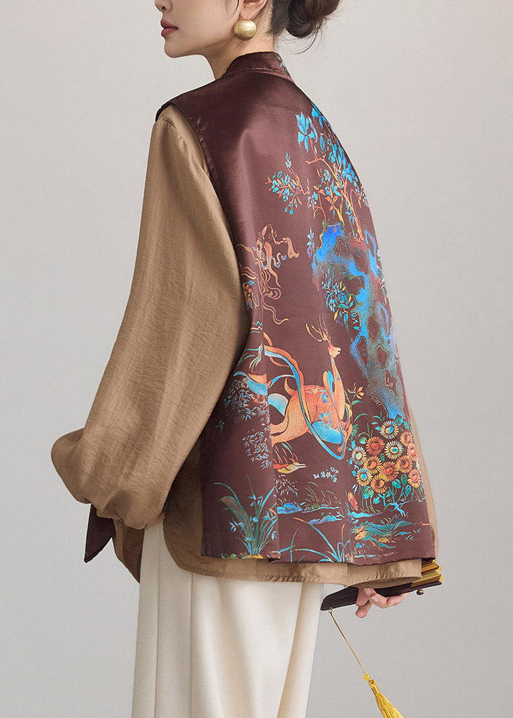 Chinese Style Brown Print Button Waistcoat Sleeveless