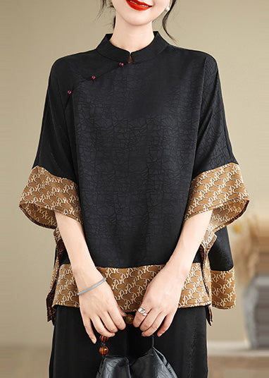 Chinese Style Brown Print Patchwork Silk Shirts Batwing Sleeve
