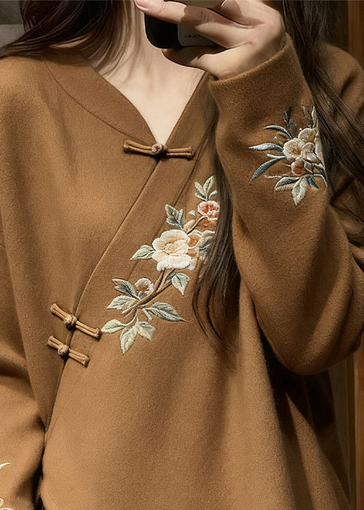 Chinese Style Brown V Neck Floral Knit Sweater Fall