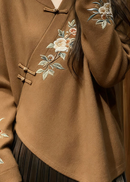 Chinese Style Brown V Neck Floral Knit Sweater Fall