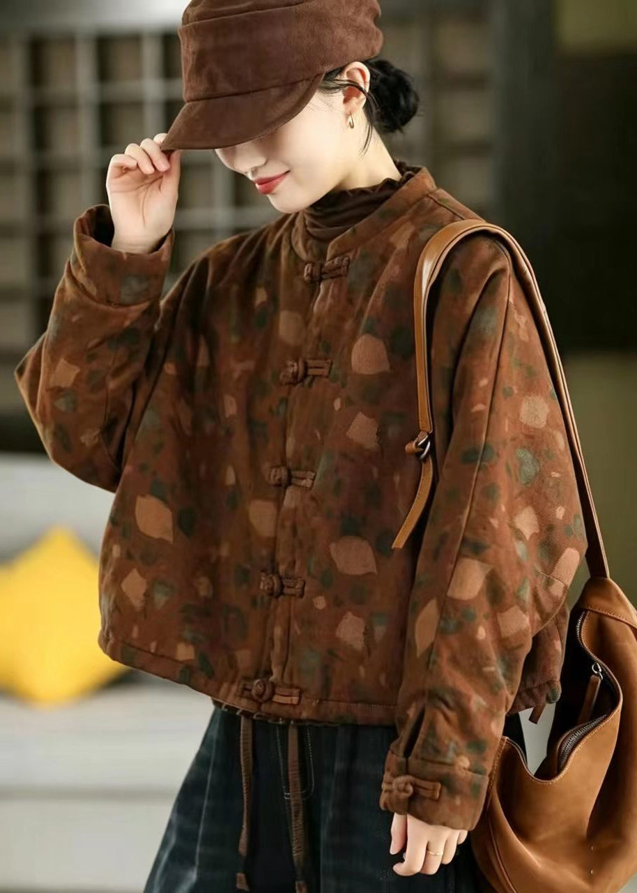 Chinese Style Caramel Orange Frog Button Print Cotton Filled Jacket Winter