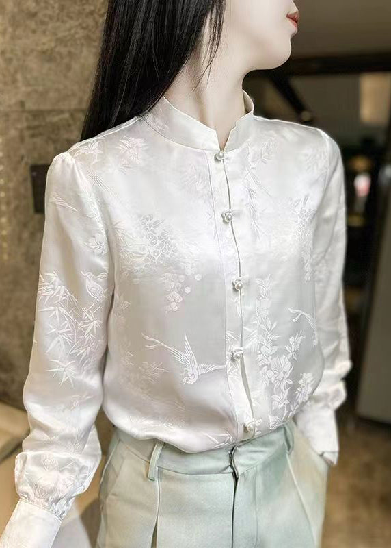Chinese Style Champagne Stand Collar Button Jacquard Silk Shirts Spring