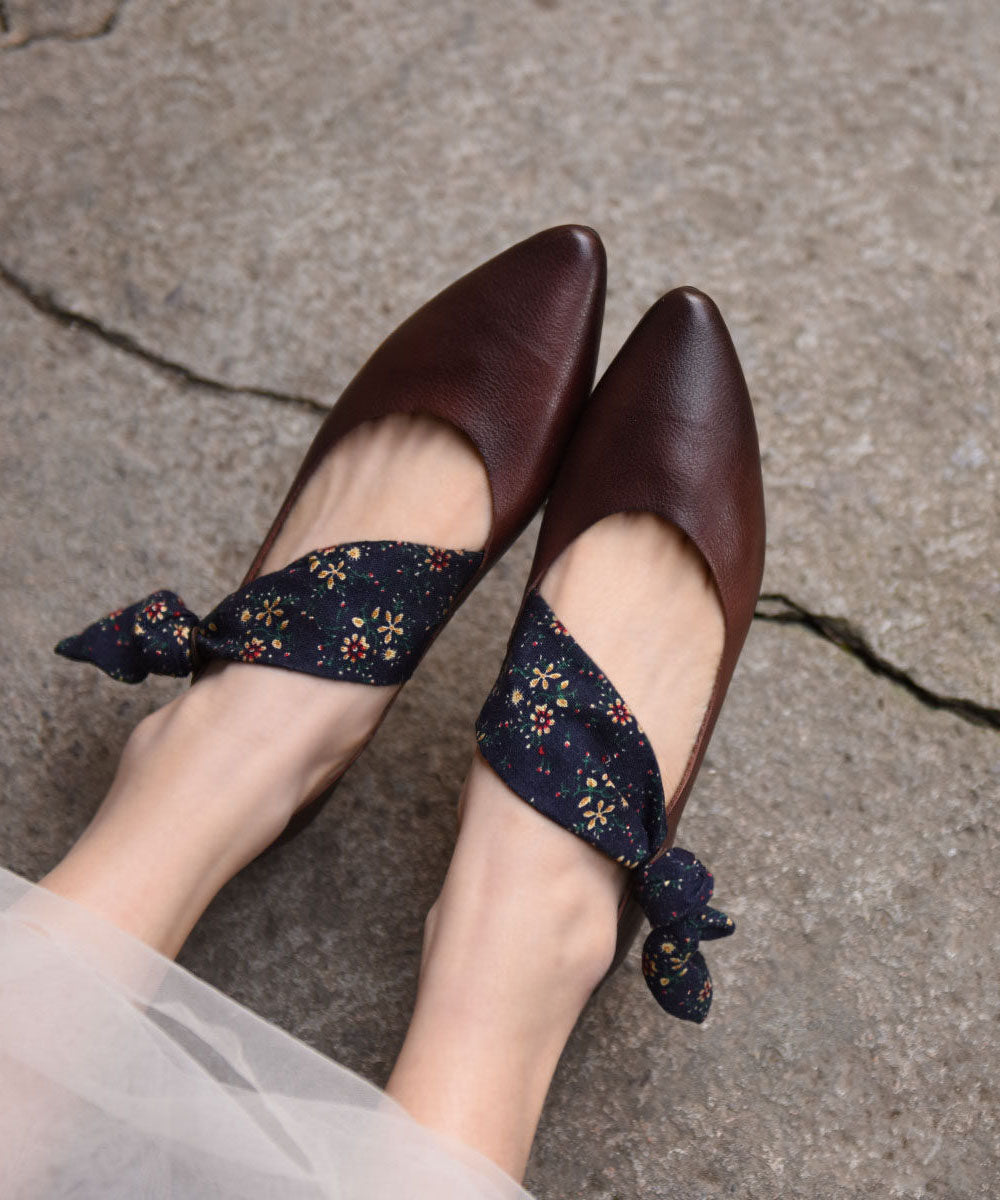 Chinese Style Coffee Bow Cowhide Leather Flats Shoes Pointed Toe
