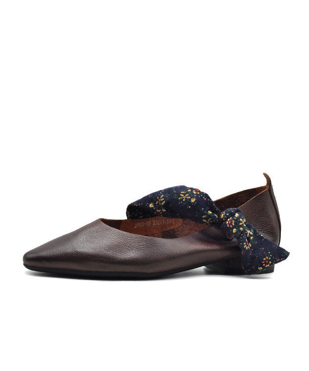Chinese Style Coffee Bow Cowhide Leather Flats Shoes Pointed Toe
