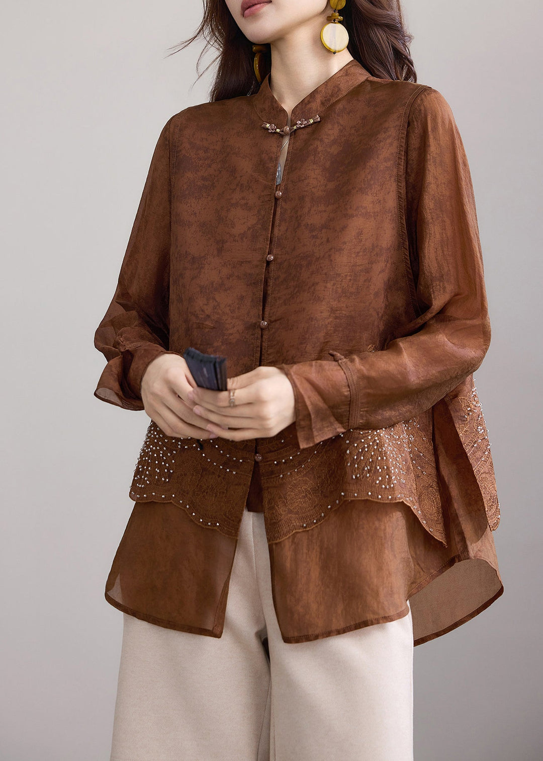 Chinese Style Coffee Brown Stand Collar Nail Bead Embroidered Fake Two Piece Blouses Fall
