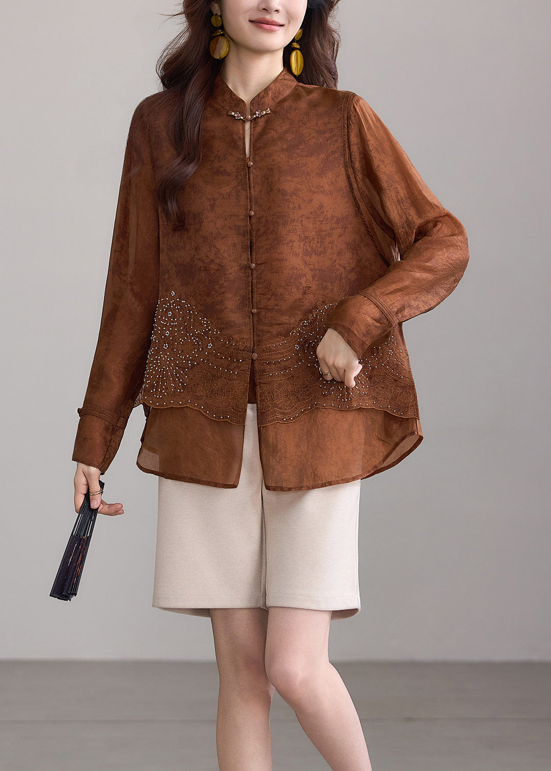 Chinese Style Coffee Brown Stand Collar Nail Bead Embroidered Fake Two Piece Blouses Fall