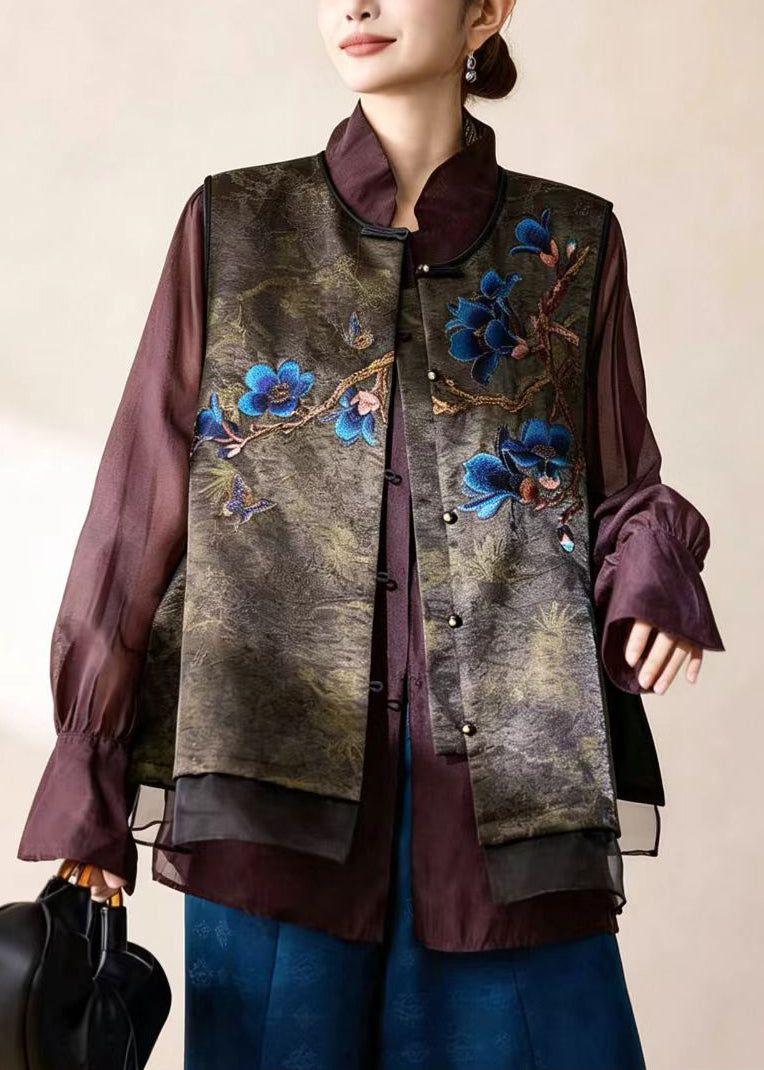 Chinese Style Coffee Jacquard O-Neck Embroideried Waistcoat Sleeveless