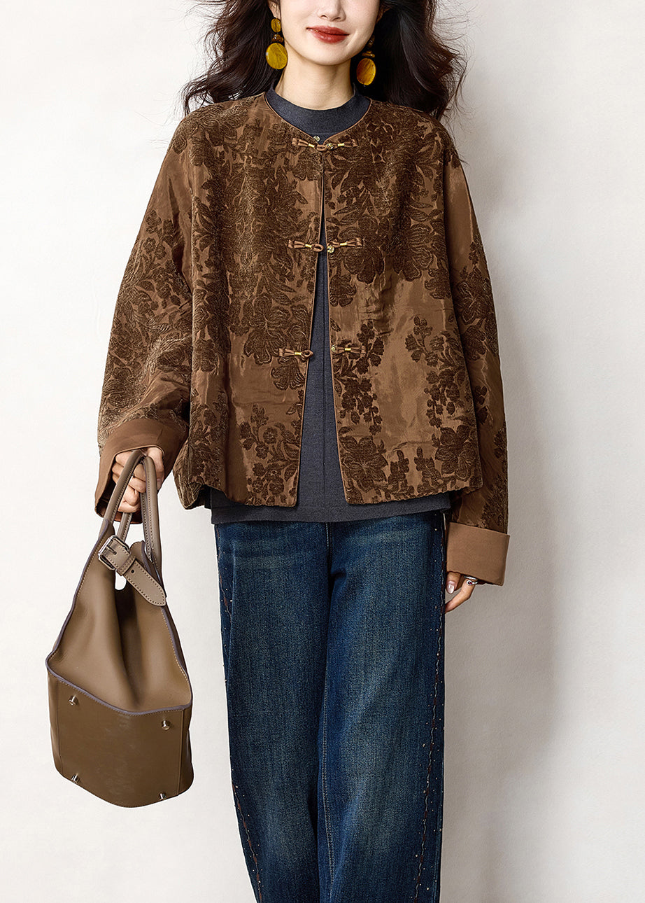 Chinese Style Coffee Jacquard Oriental Button Cotton Coat Spring