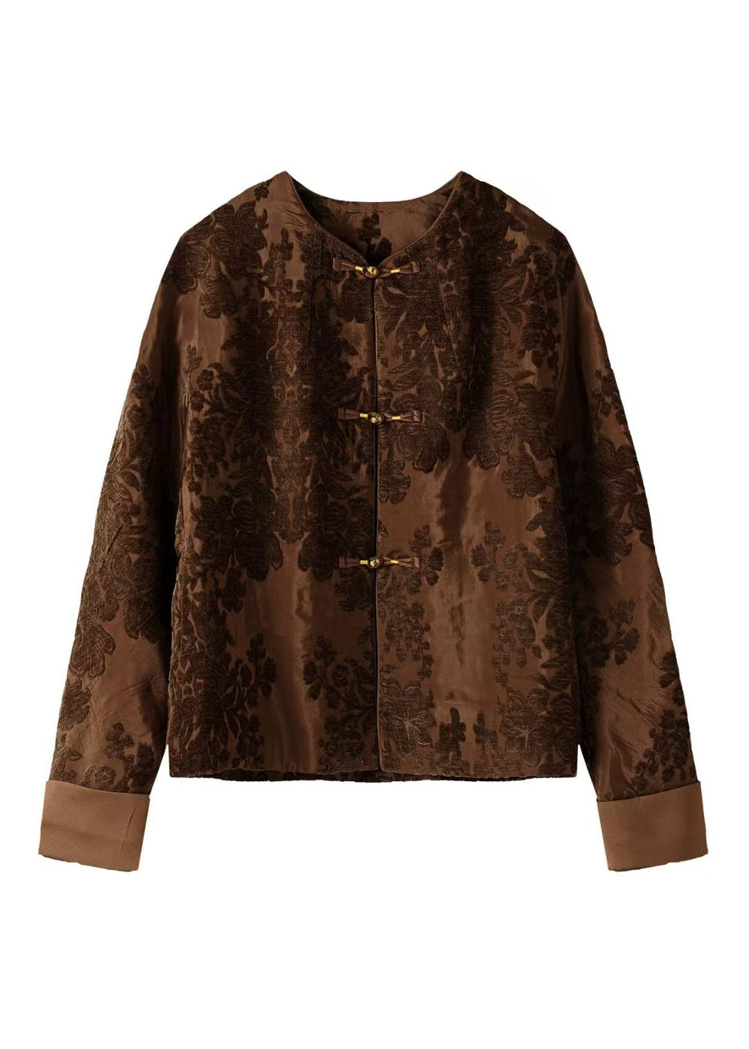 Chinese Style Coffee Jacquard Oriental Button Cotton Coat Spring