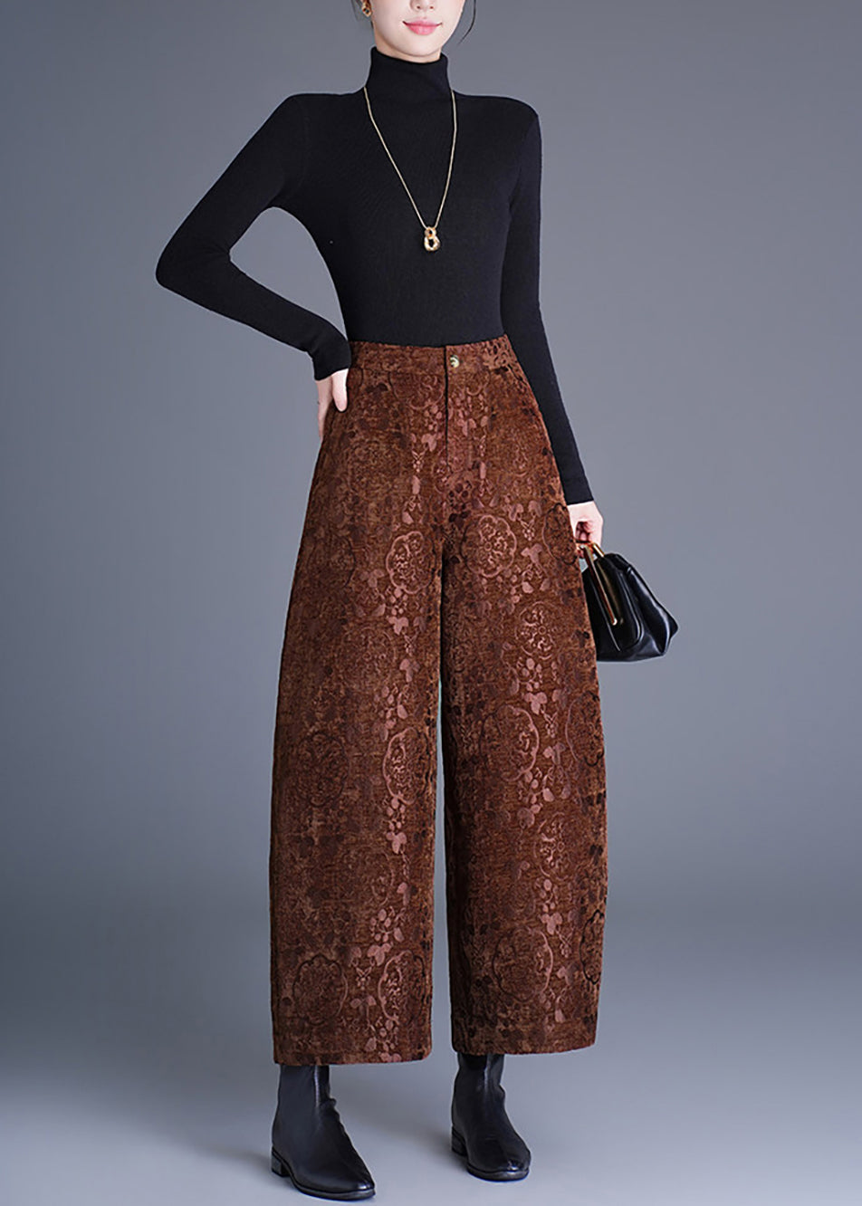 Chinese Style Coffee Jacquard Pockets High Waist Draping Wide Leg Crop Pants Fall