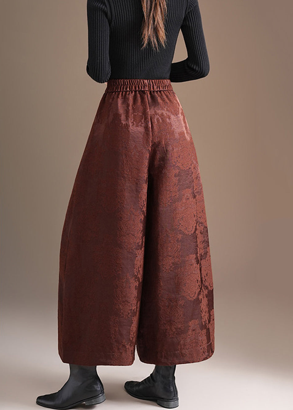 Chinese Style Coffee Pockets Jacquard Elastic Waist Wide Leg Crop Pants Fall