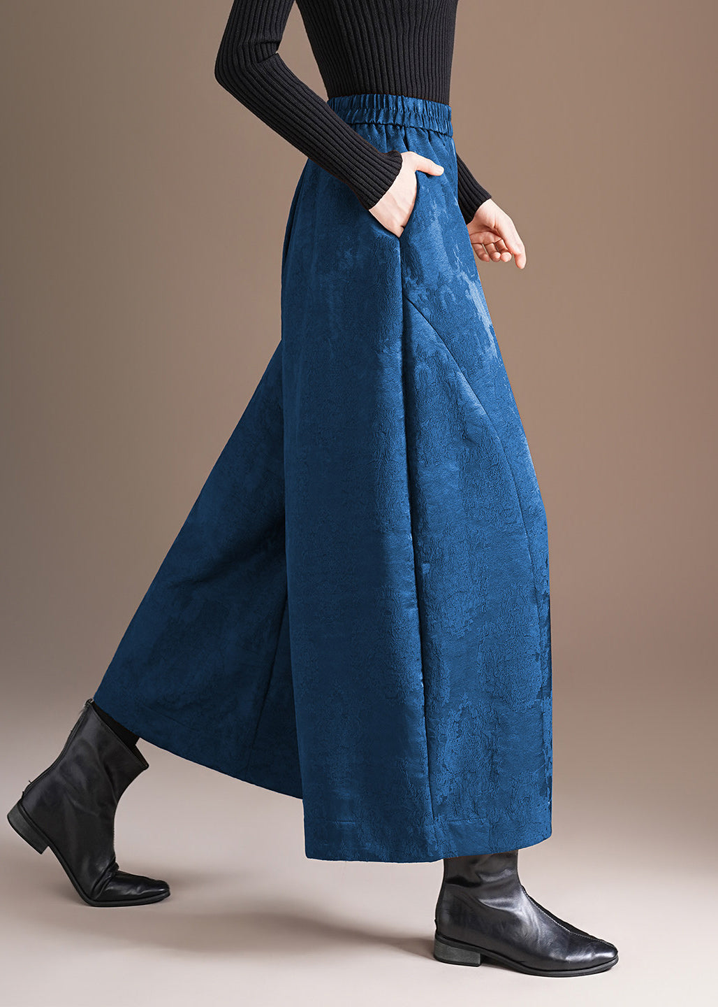 Chinese Style Coffee Pockets Jacquard Elastic Waist Wide Leg Crop Pants Fall