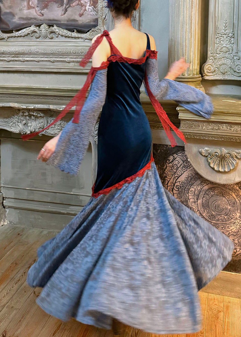 Chinese Style Colorblock Slash Neck Lace Patchwork Silk Velvet Long Dress Fall