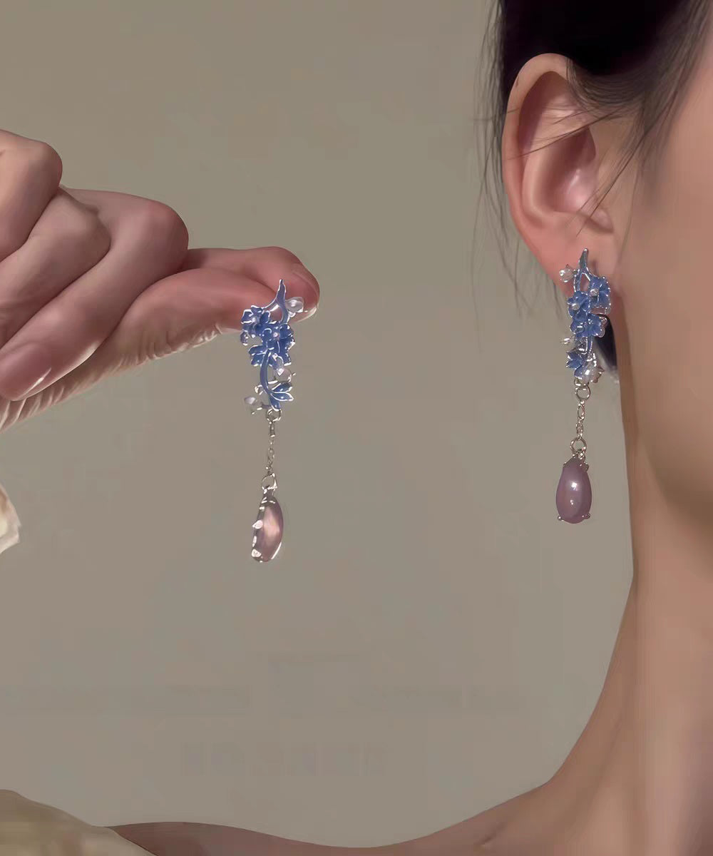 Chinese Style Colorblock Sterling Silver Jade Pearl Cloisonne Drop Earrings