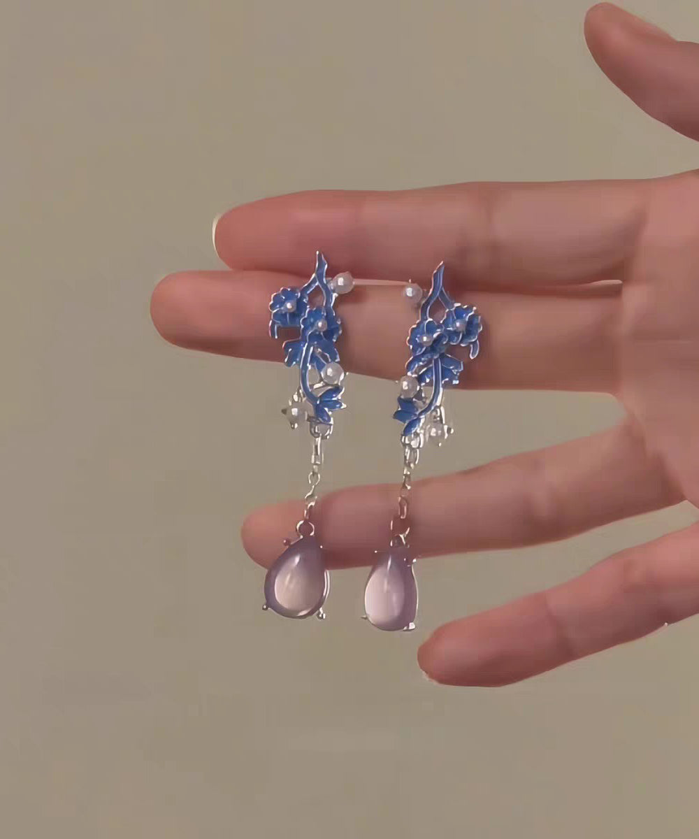 Chinese Style Colorblock Sterling Silver Jade Pearl Cloisonne Drop Earrings