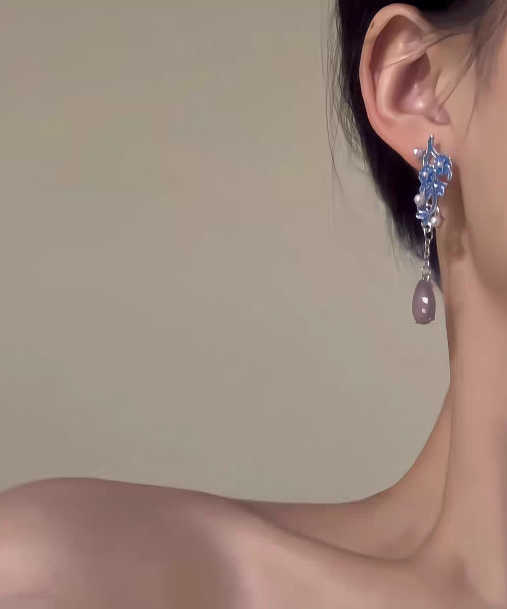 Chinese Style Colorblock Sterling Silver Jade Pearl Cloisonne Drop Earrings