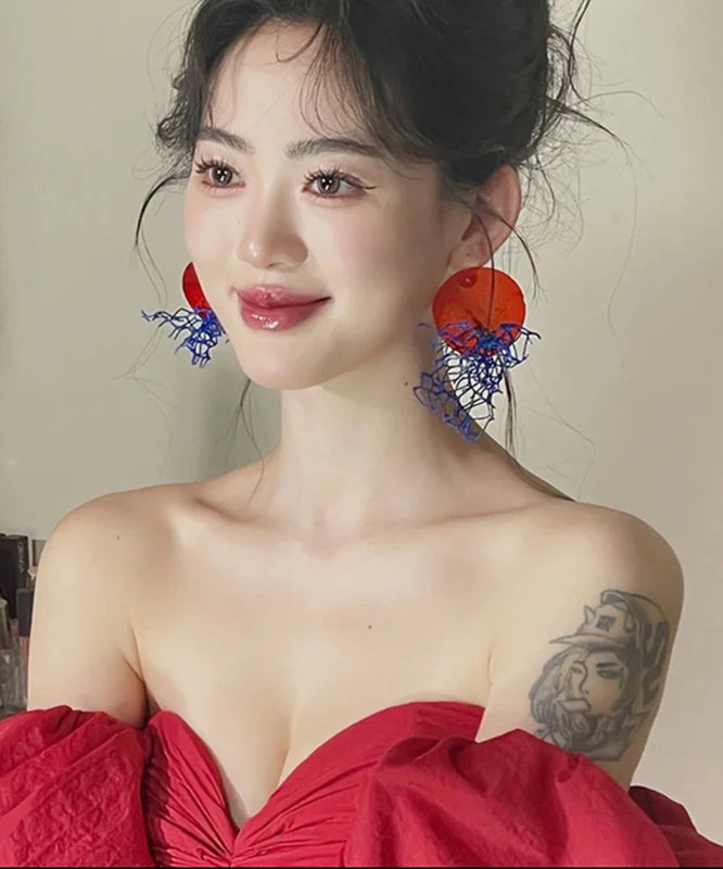 Chinese Style Colorblock Tulle Shell Hollow Out Drop Earrings