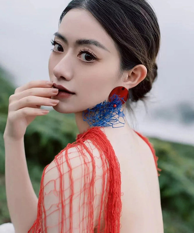 Chinese Style Colorblock Tulle Shell Hollow Out Drop Earrings