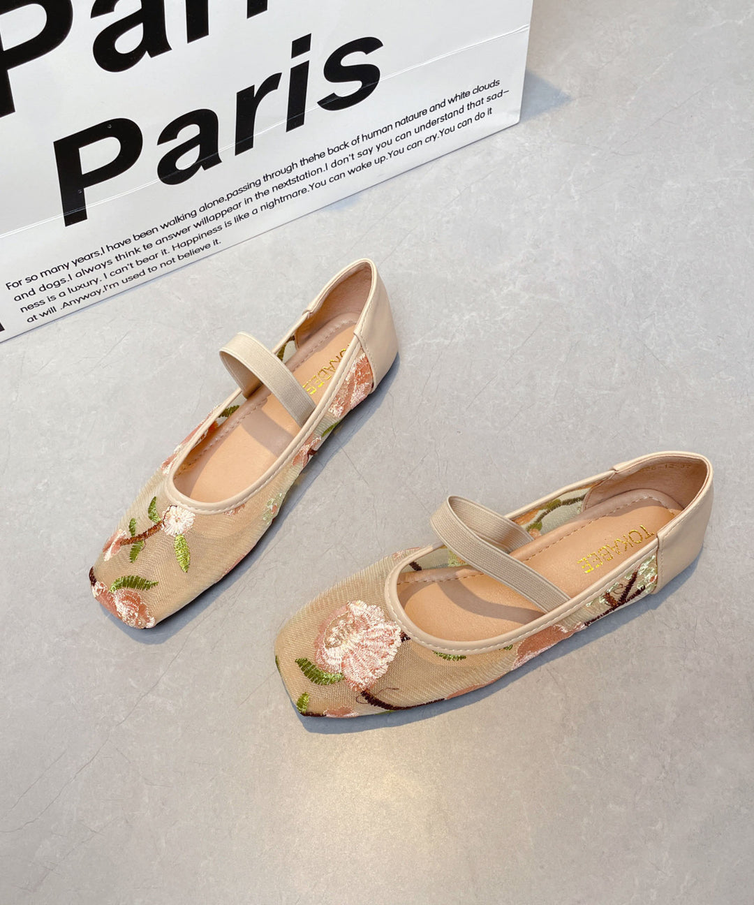 Chinese Style Comfy Flats Apricot Breathable Mesh Embroidered