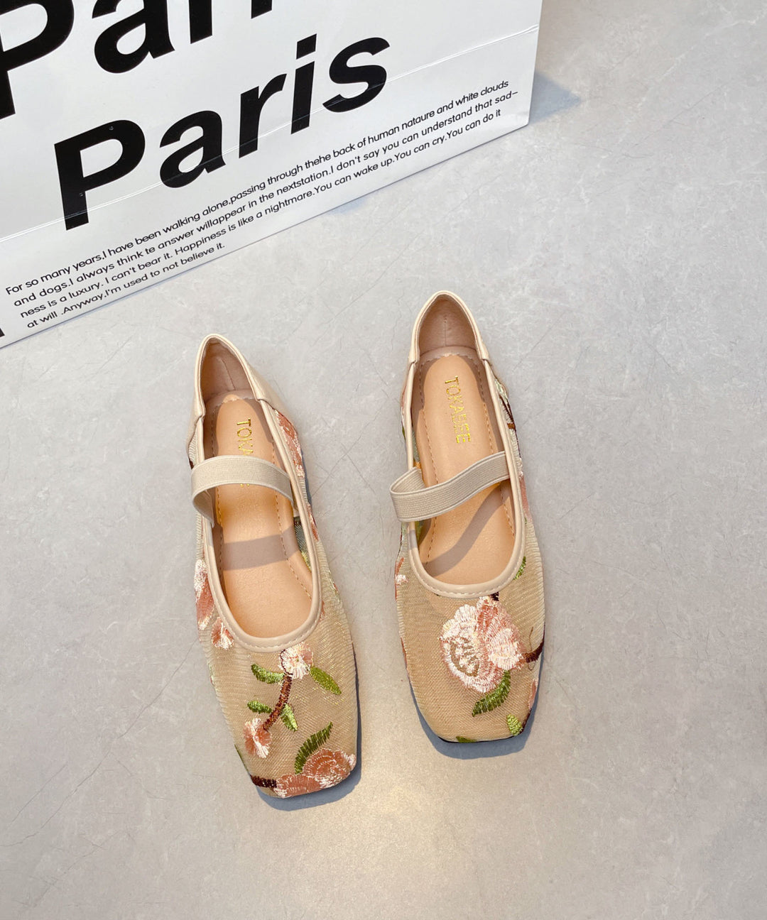 Chinese Style Comfy Flats Apricot Breathable Mesh Embroidered