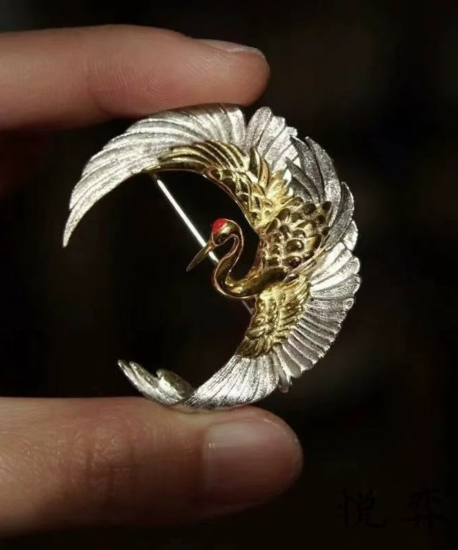 Chinese Style Crescent Crane Wrinkled Patchwork Silver Brooches - Omychic
