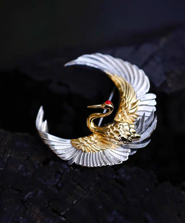 Chinese Style Crescent Crane Wrinkled Patchwork Silver Brooches - Omychic