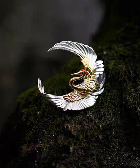 Chinese Style Crescent Crane Wrinkled Patchwork Silver Brooches - Omychic