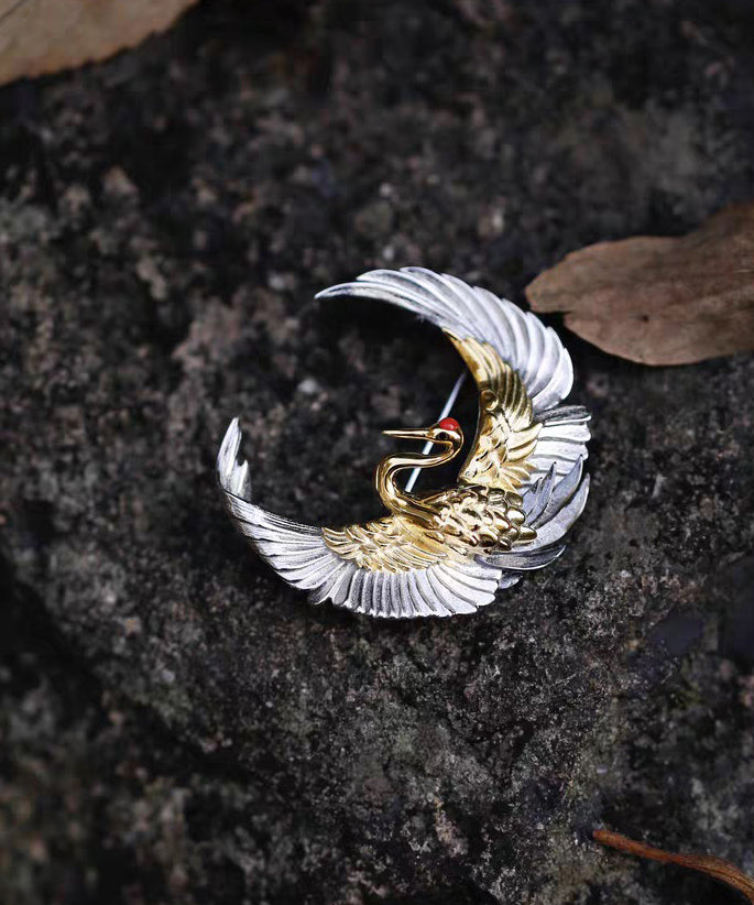 Chinese Style Crescent Crane Wrinkled Patchwork Silver Brooches - Omychic