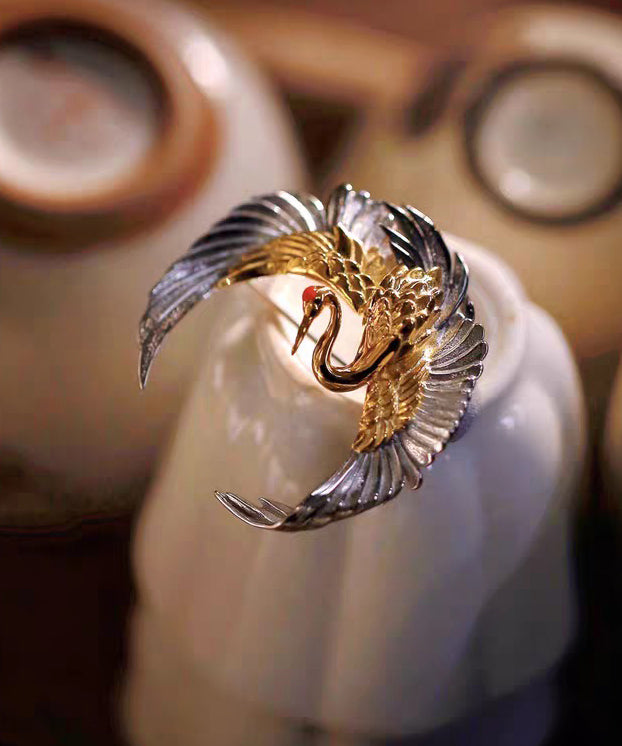 Chinese Style Crescent Crane Wrinkled Patchwork Silver Brooches - Omychic