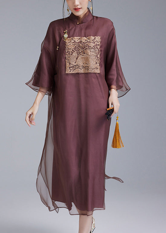 Chinese Style Dark Purple Embroidered Button Silk Dresses Spring