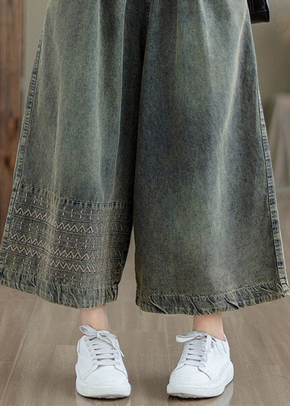 Chinese Style Embroidered Patchwork Tie Waist Crop Wide Leg Jeans Summer