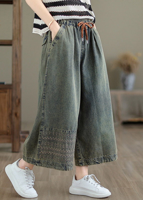 Chinese Style Embroidered Patchwork Tie Waist Crop Wide Leg Jeans Summer