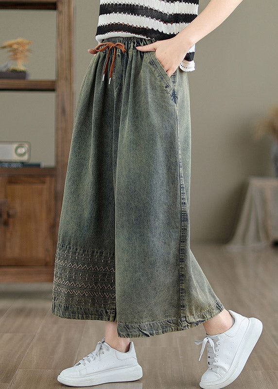 Chinese Style Embroidered Patchwork Tie Waist Crop Wide Leg Jeans Summer