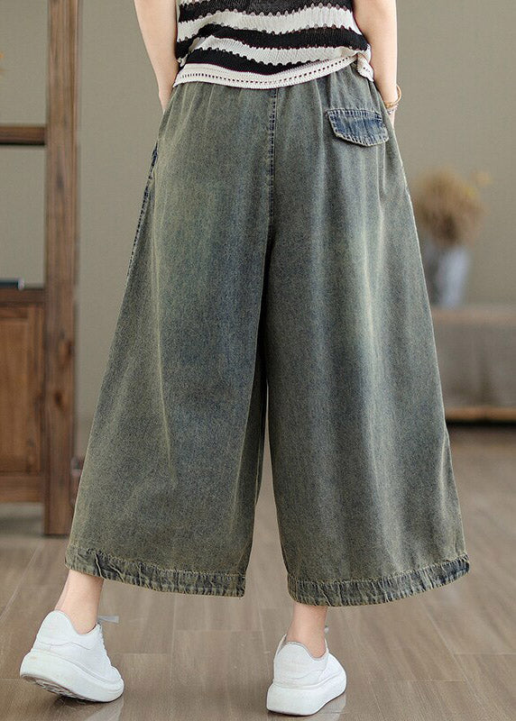 Chinese Style Embroidered Patchwork Tie Waist Crop Wide Leg Jeans Summer