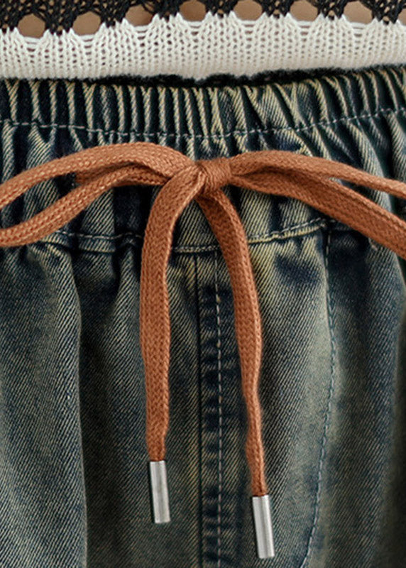 Chinese Style Embroidered Patchwork Tie Waist Crop Wide Leg Jeans Summer
