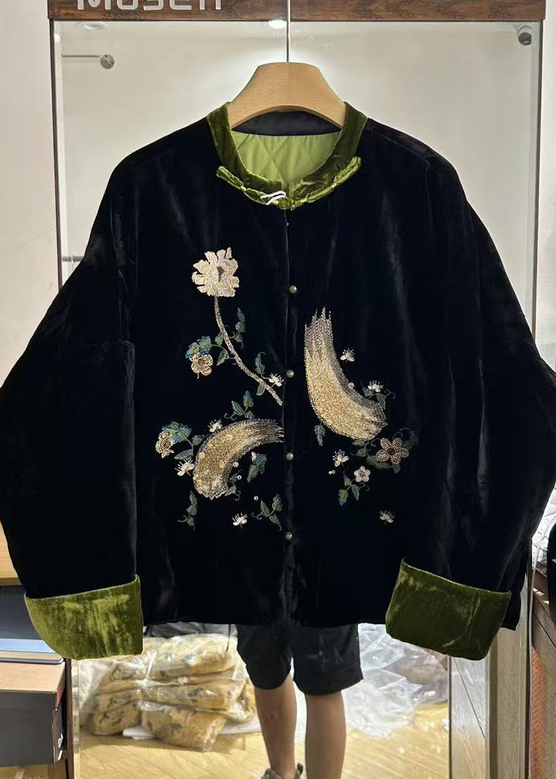 Chinese Style Embroidered Silk Velvet Fine Cotton Filled Coats Winter