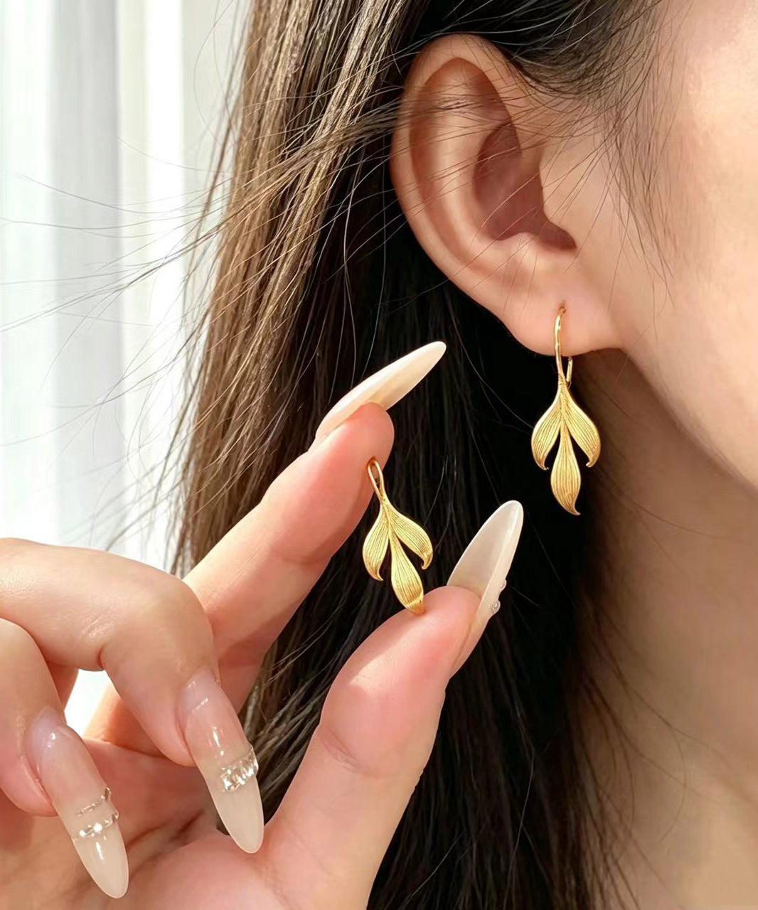Chinese Style Gold Alloy Leaf Drop Earrings