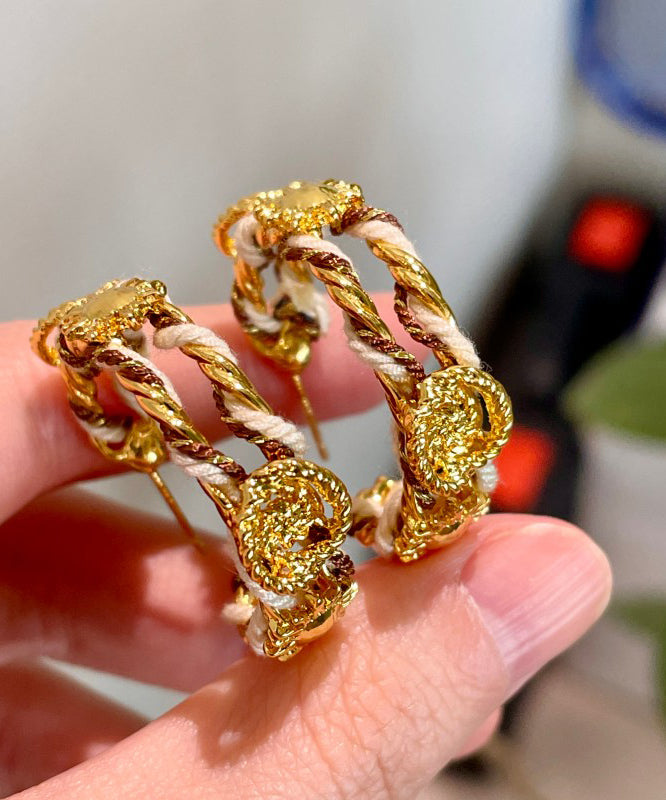 Chinese Style Gold Antique Gold Weave Sunflower Hoop Earrings