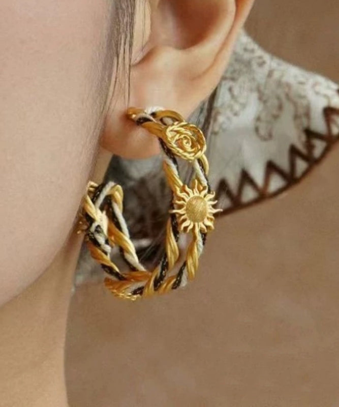 Chinese Style Gold Antique Gold Weave Sunflower Hoop Earrings