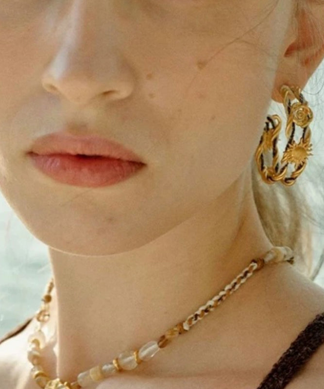 Chinese Style Gold Antique Gold Weave Sunflower Hoop Earrings