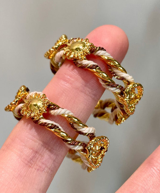 Chinese Style Gold Antique Gold Weave Sunflower Hoop Earrings