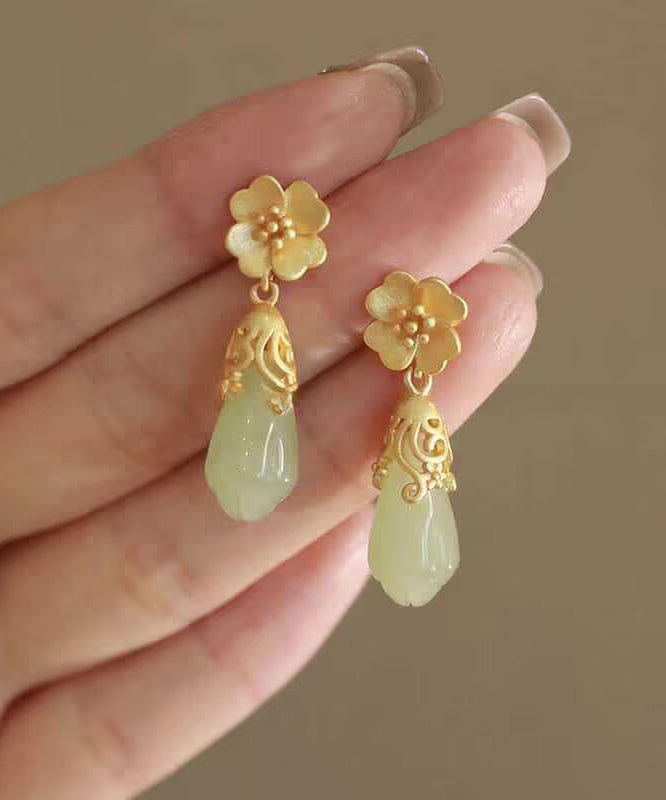 Chinese Style Gold Copper Alloy Jade Floral Water Droplet Drop Earrings