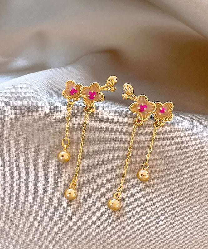 Chinese Style Gold Copper Alloy Peach Blossom Tassel Drop Earrings