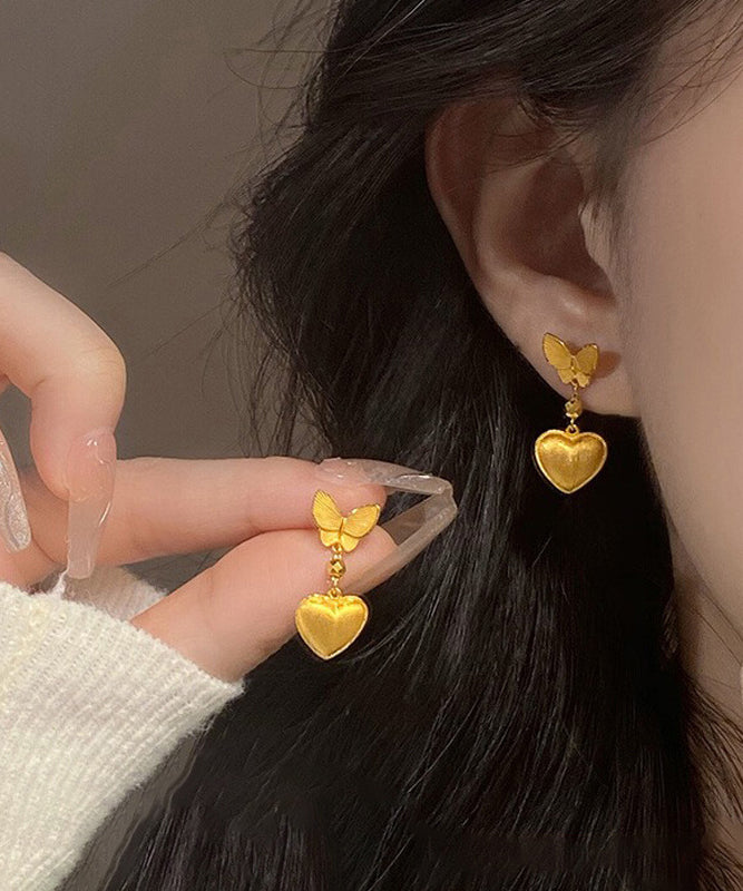 Chinese Style Gold Copper Overgild Butterfly Love Drop Earrings