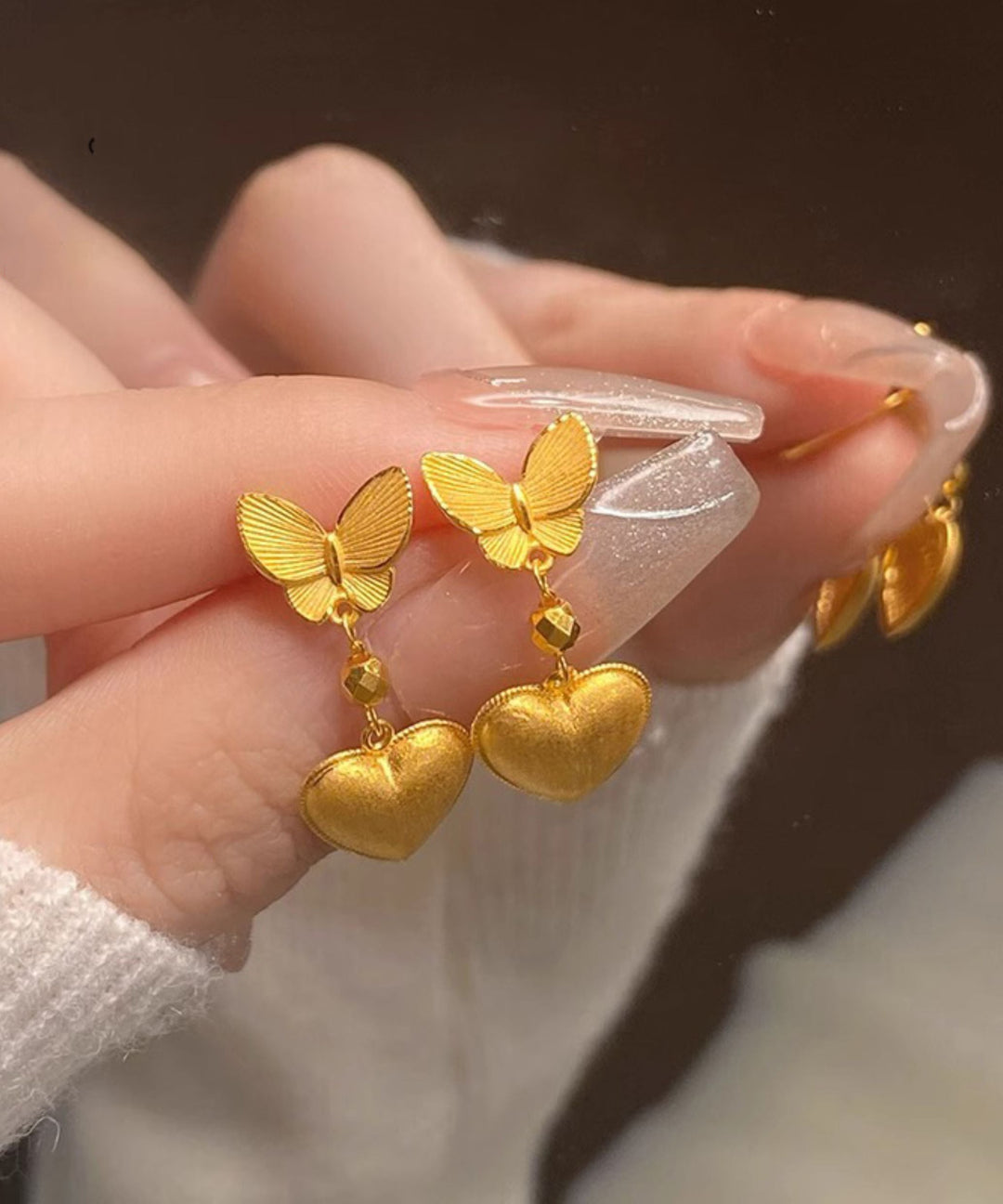 Chinese Style Gold Copper Overgild Butterfly Love Drop Earrings